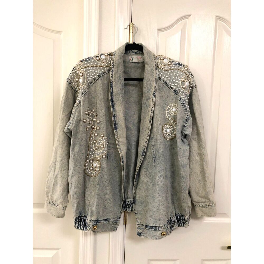 VTG 80s Andiamo Italia Acid Wash Denim Jacket Pearl Beaded Rhinestone Oversize L